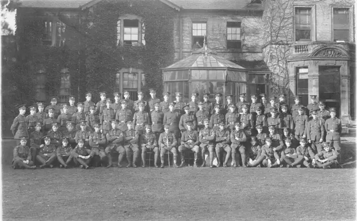 The Men of the RAMC Field Ambulance in 1915 pictured round the back of Oaklands House.