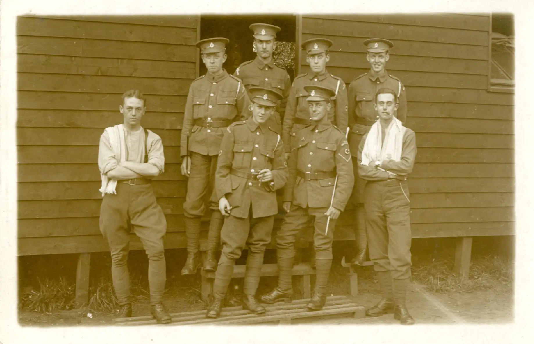 Soldiers from the 3rd South Midlands Field Hospital outside the isolation huts in the grounds in 1915.