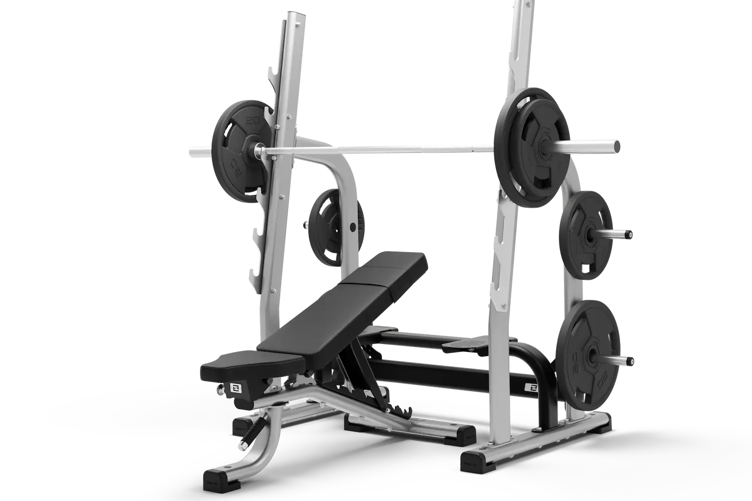 A slightly raised foam padded bench with a separate flat-laying foam padded seat. At the base of each side are adjustors for height and incline. Above this is a barbell weight rack.