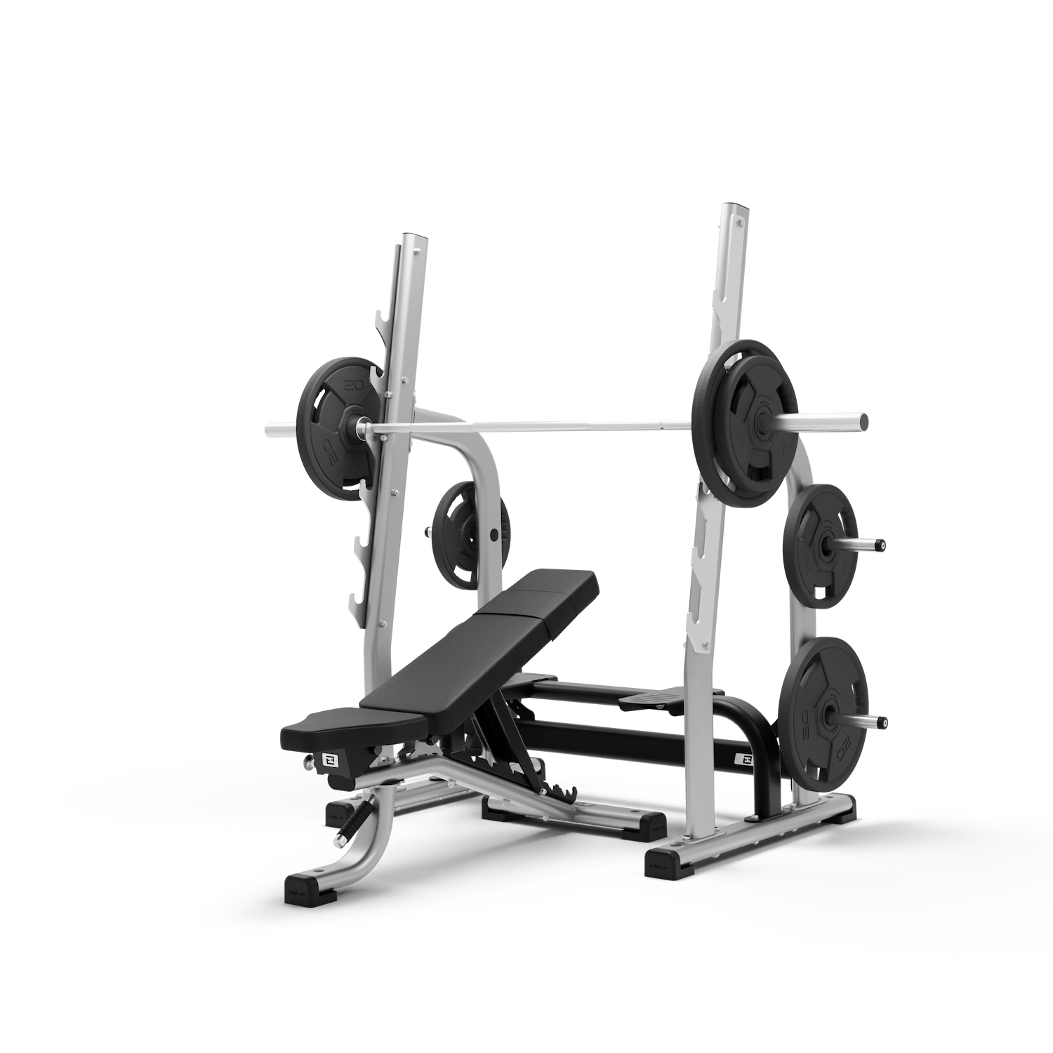 A slightly raised foam padded bench with a separate flat-laying foam padded seat. At the base of each side are adjustors for height and incline. Above this is a barbell weight rack.