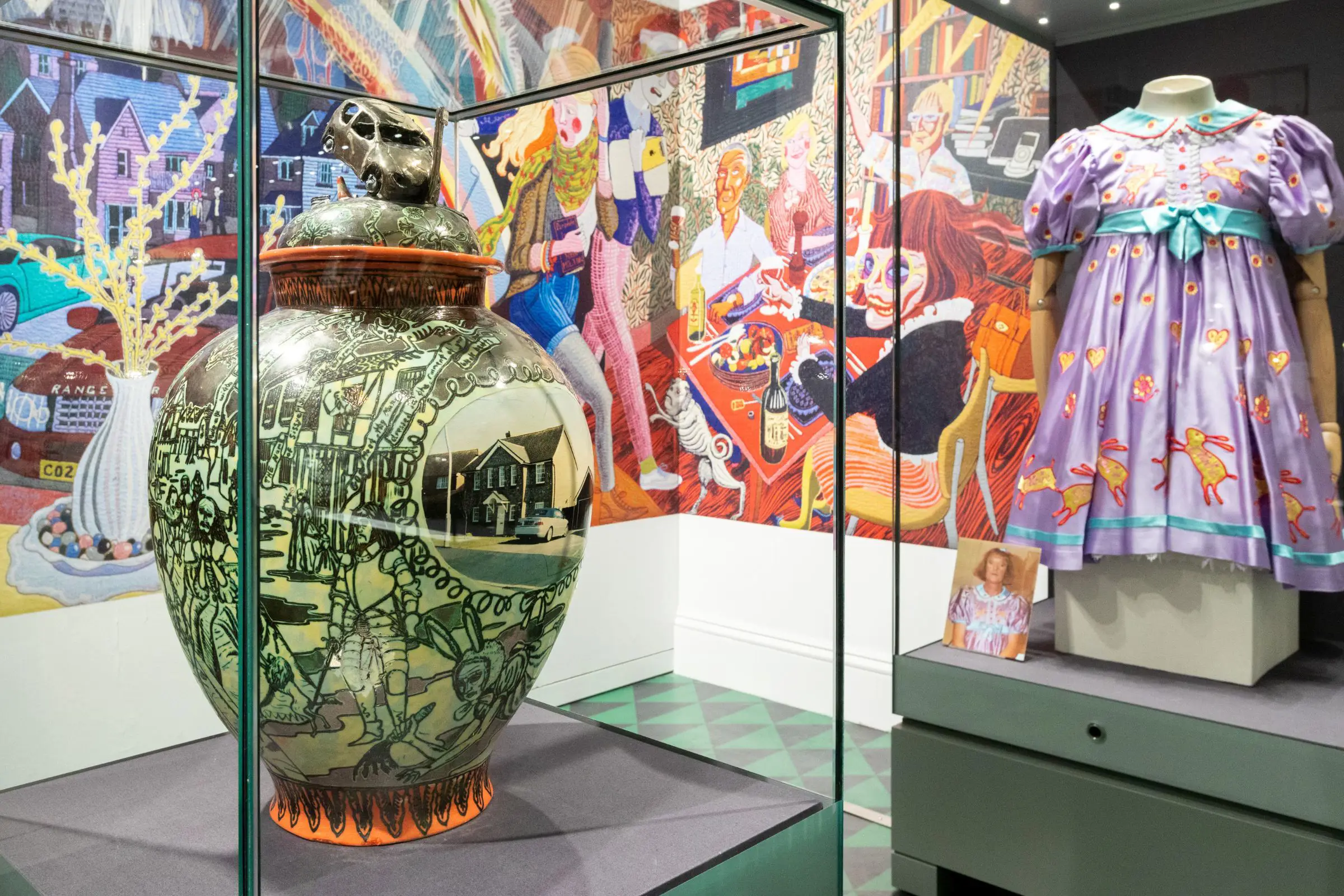 Museum exhibit showcasing works by Grayson Perry.