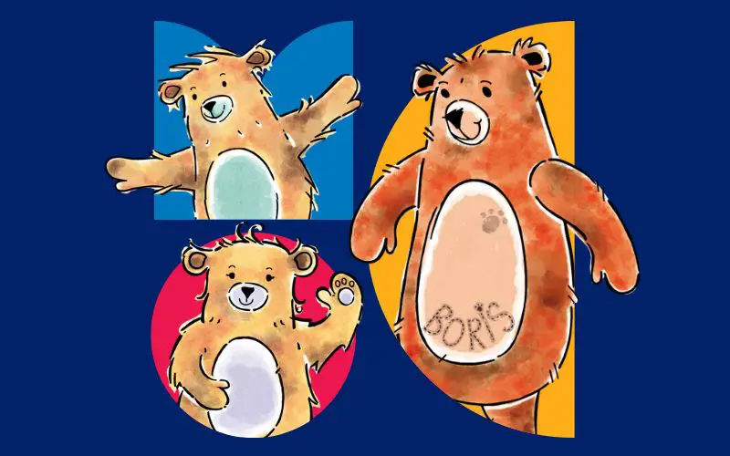 Illustration of Boris Bear and his cubs in the shapes of the Museum of Chelmsford logo. 