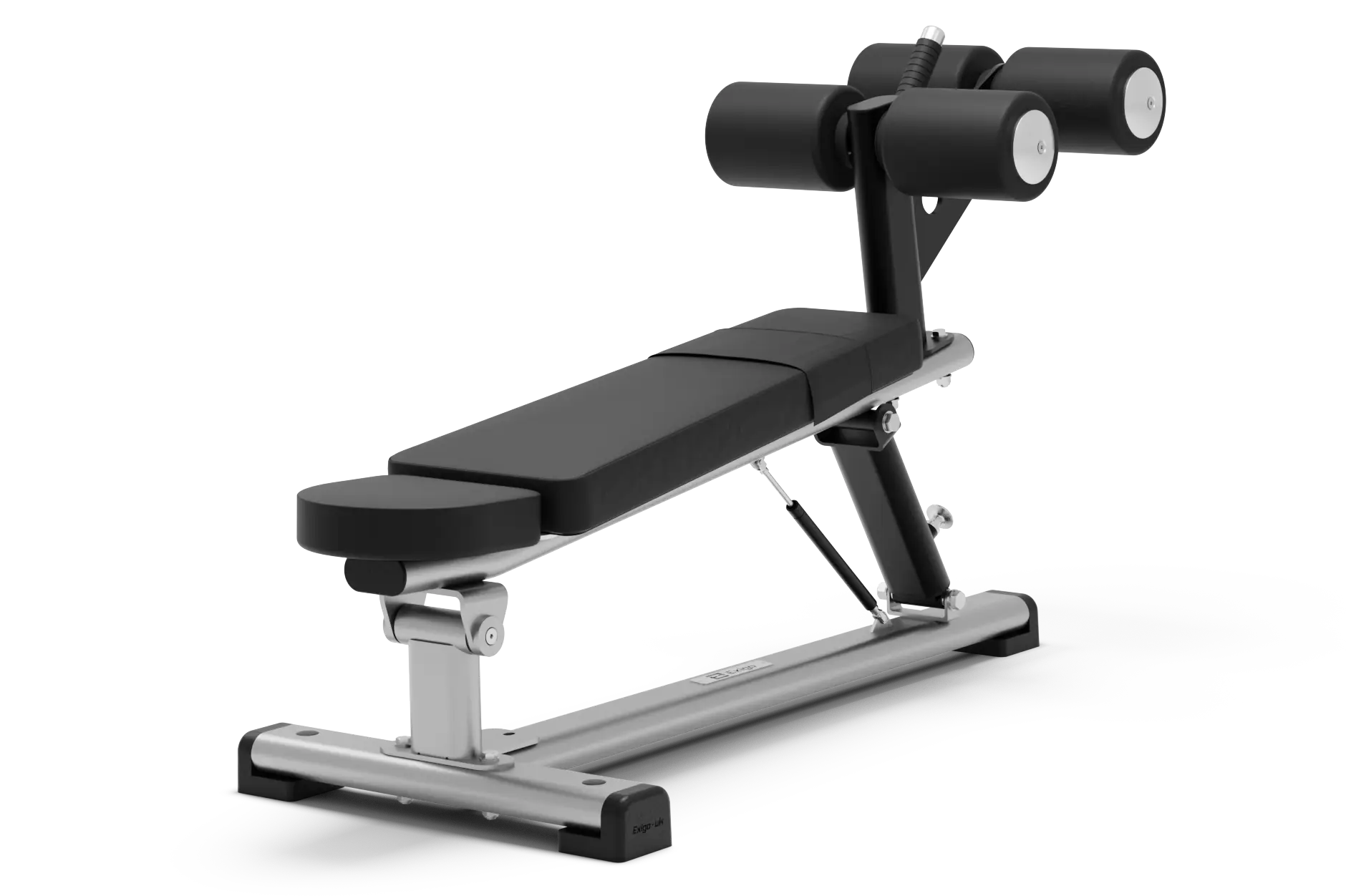 A long foam padded bench with adjustable height. At the raised head is a foam hold for barbells.