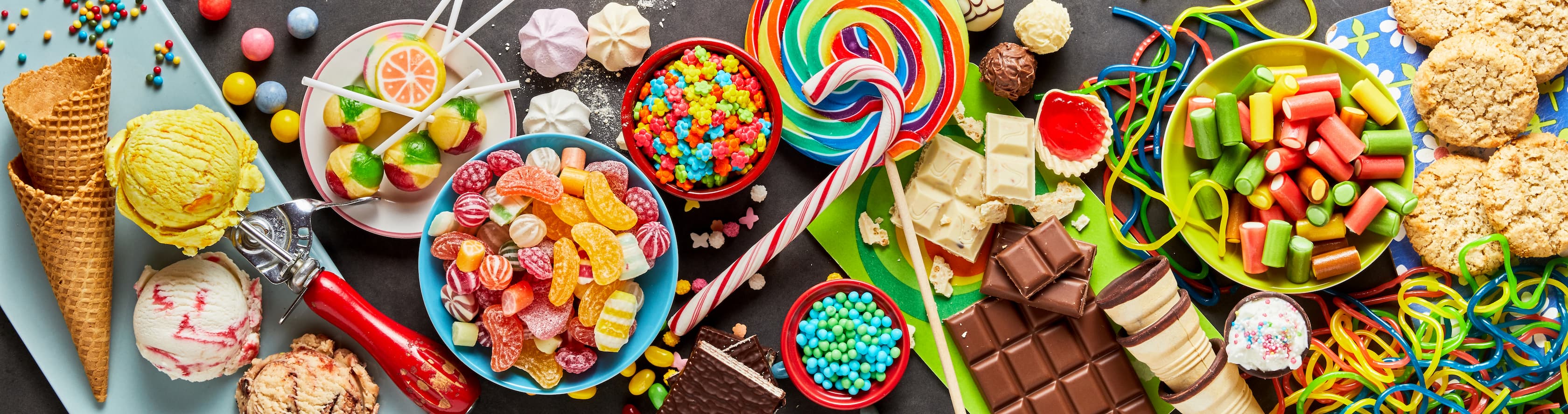 Buffet of sweets, chocolates, ice cream and cookies