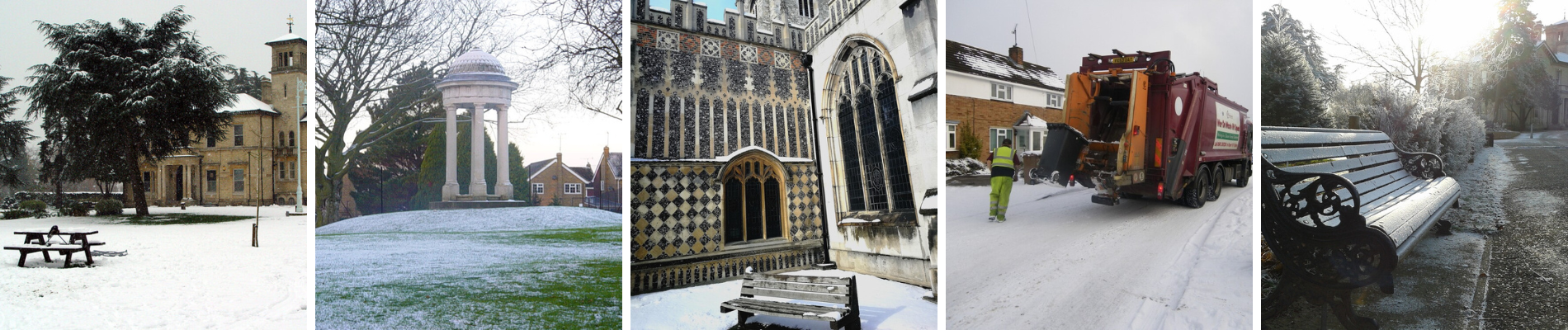 Snowy pictures of Chelmsford Museum, Tower Gardens, Chelmsford Cathedral, refuse collection crews and a bench