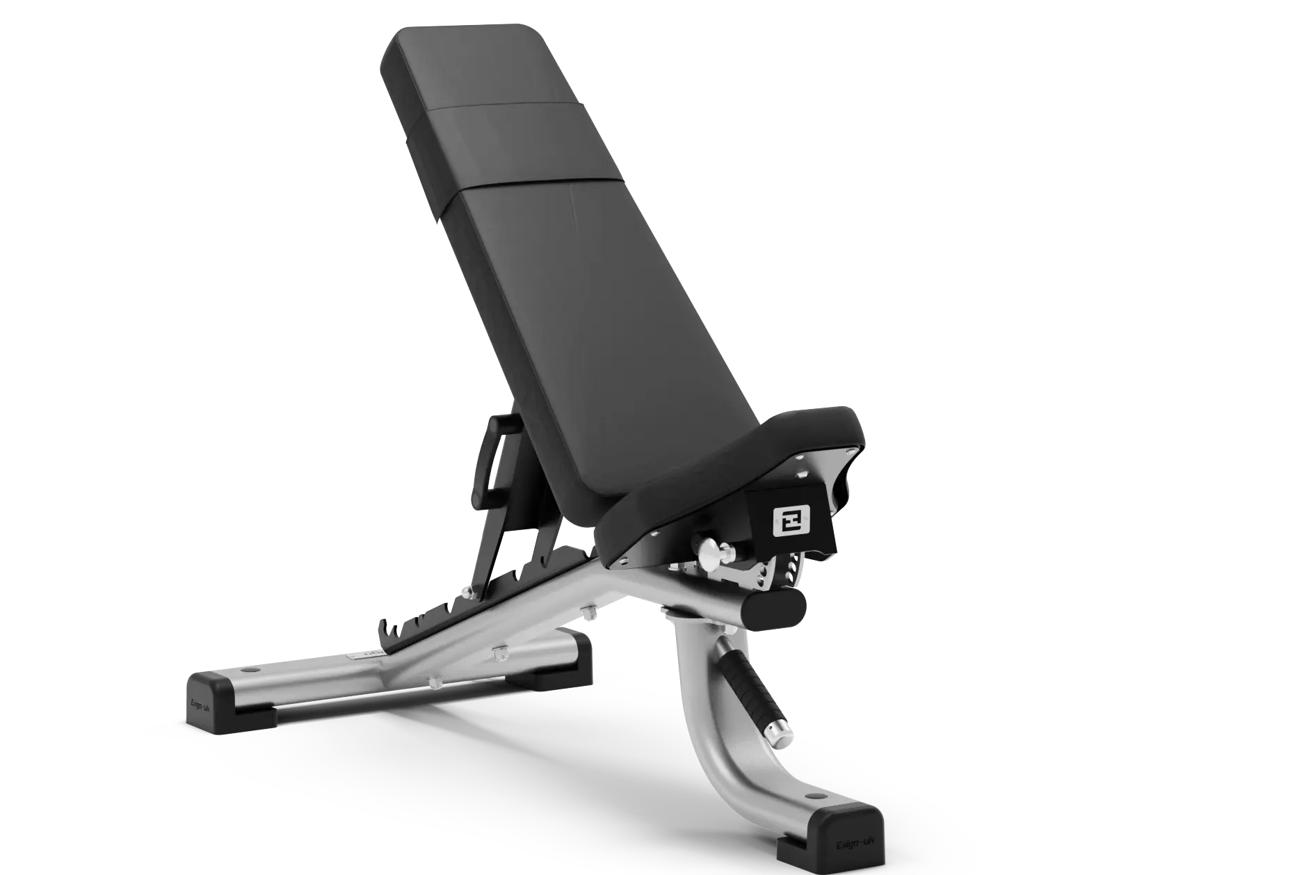 An upright foam padded bench with a separate foam padded seat forming a V. At the base of each side are adjustors for height and incline.