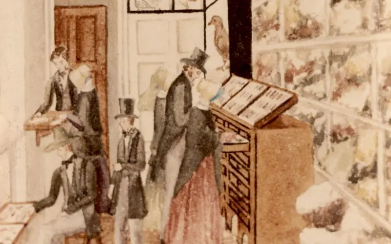 A vintage painting of people looking at a collection of items. 