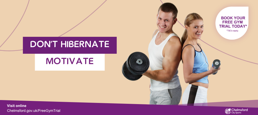 Don't hibernate, motivate. Book your free gym trial today (terms apply. Man and woman lifting dumbbells.