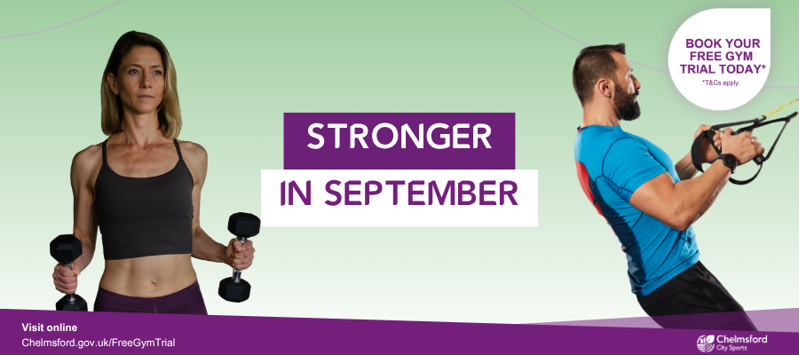 Stronger in September. Book your free gym trial today (terms apply). Woman lifting dumbells and man using TRX straps.