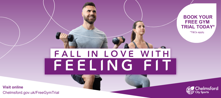 Fall in love with feeling fit. Book your free gym trial today. Man and woman lunging with dumbbells