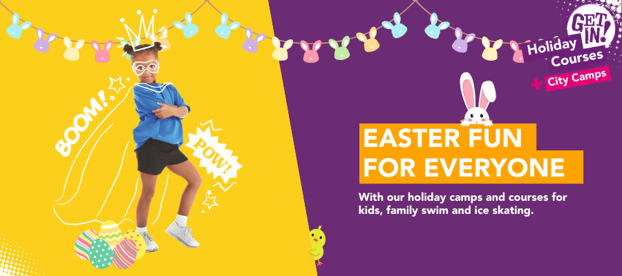 Easter fun for everyone with our holiday camps and courses for kids, family swim and ice skating. (Girl with Easter eggs and bunny bunting))