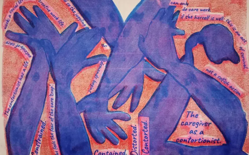 A collage of intertwined arms and hands with poetry.  