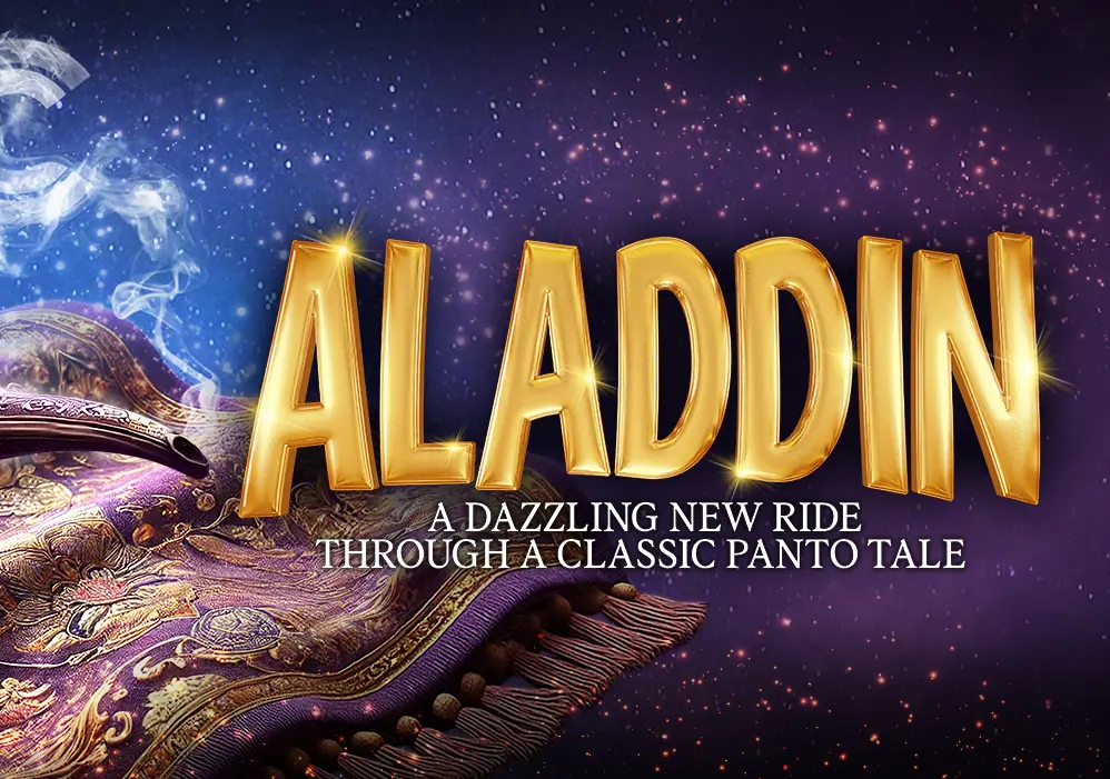 Aladdin. A dazzling new ride through a classic panto tale. (Magic lamp with smoke coming out in the shape of a letter C, and sitting on top of a richly embroidered tasseled rug