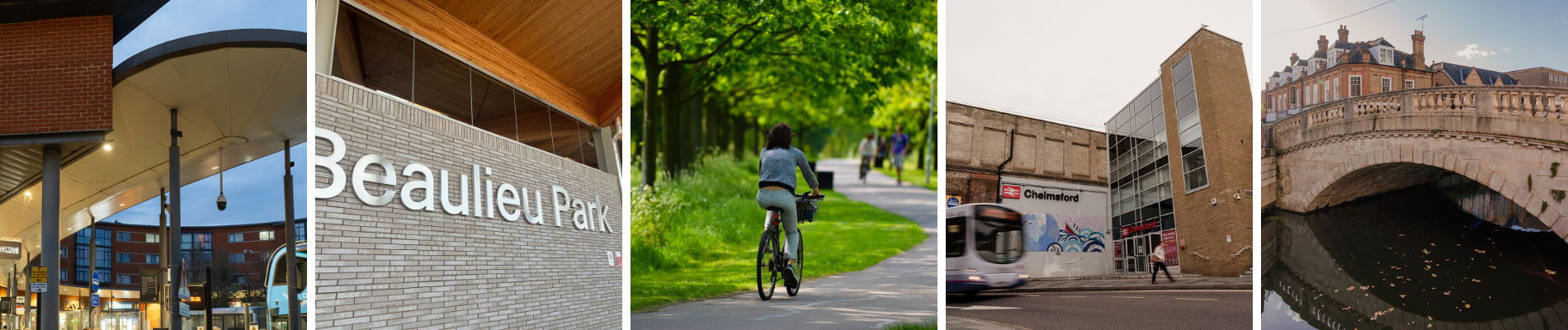 Chelmsford bus station, Beaulieu Park railway station, woman riding bike through park, bus driving up Duke Street passed Chelmsford railway station and bridge at top of Chelmsford High Street