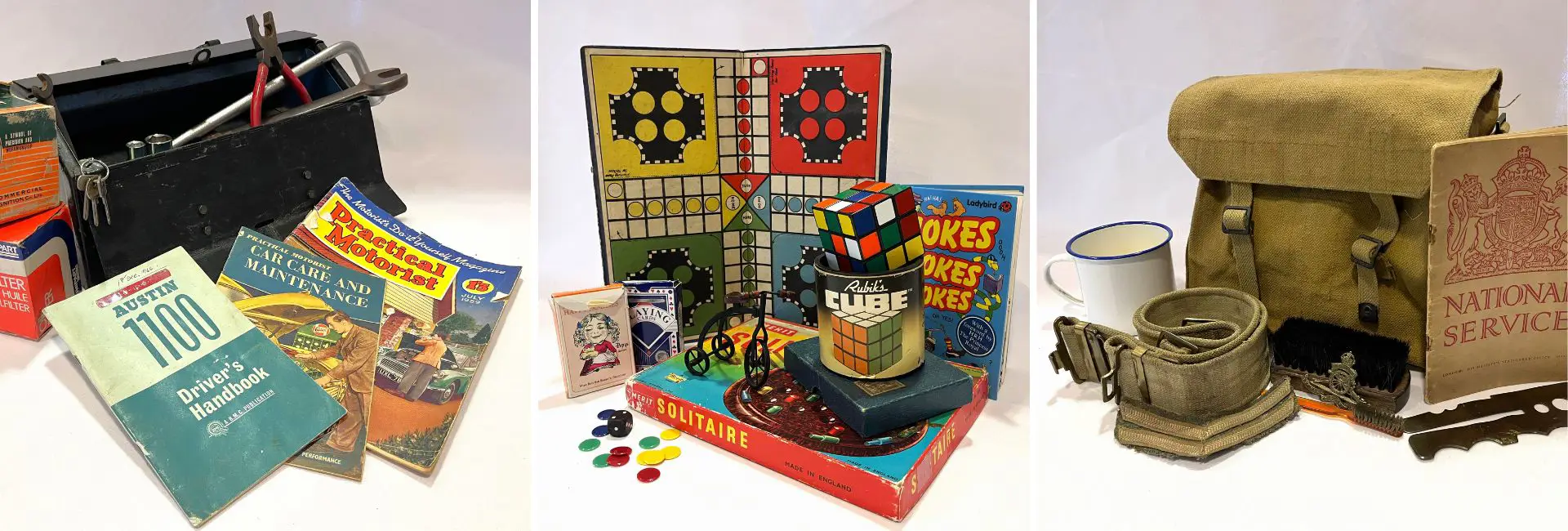 A collage of vintage items including toys, games, nation service items and mechanical manuals. 