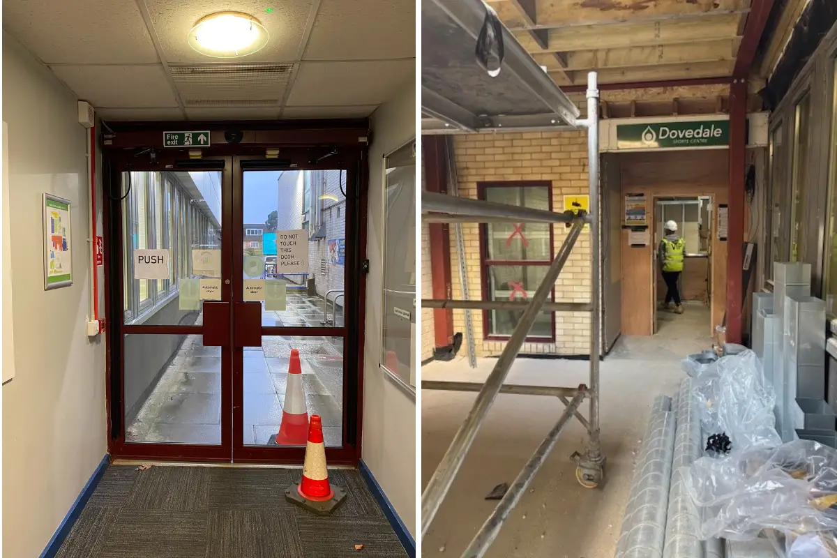 Dovedale entrance doors pre-refurb and current entry way in progress of being built